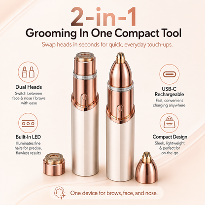 2-in-1 Facial & Eyebrow Hair Trimmer with LED Light | Painless Peach Fuzz Remover
