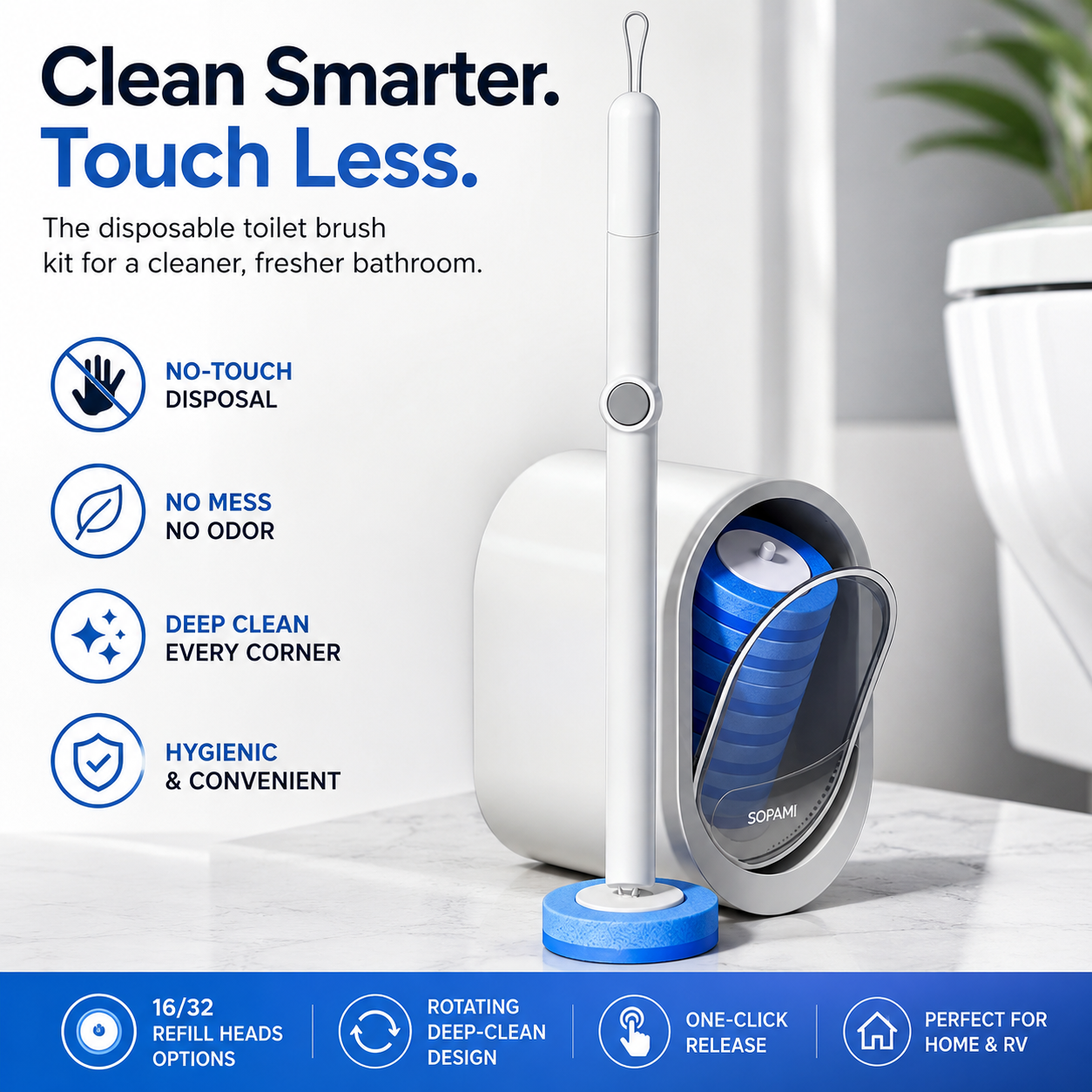 SOPAMI Disposable Toilet Brush Kit | No-Touch Toilet Cleaner.