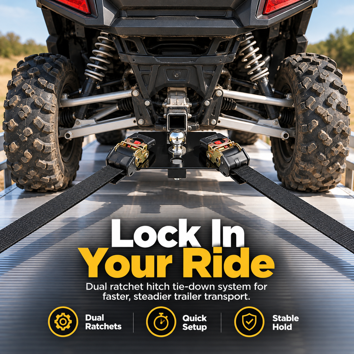 Receiver-mounted UTV tie-down system with two ratchet straps