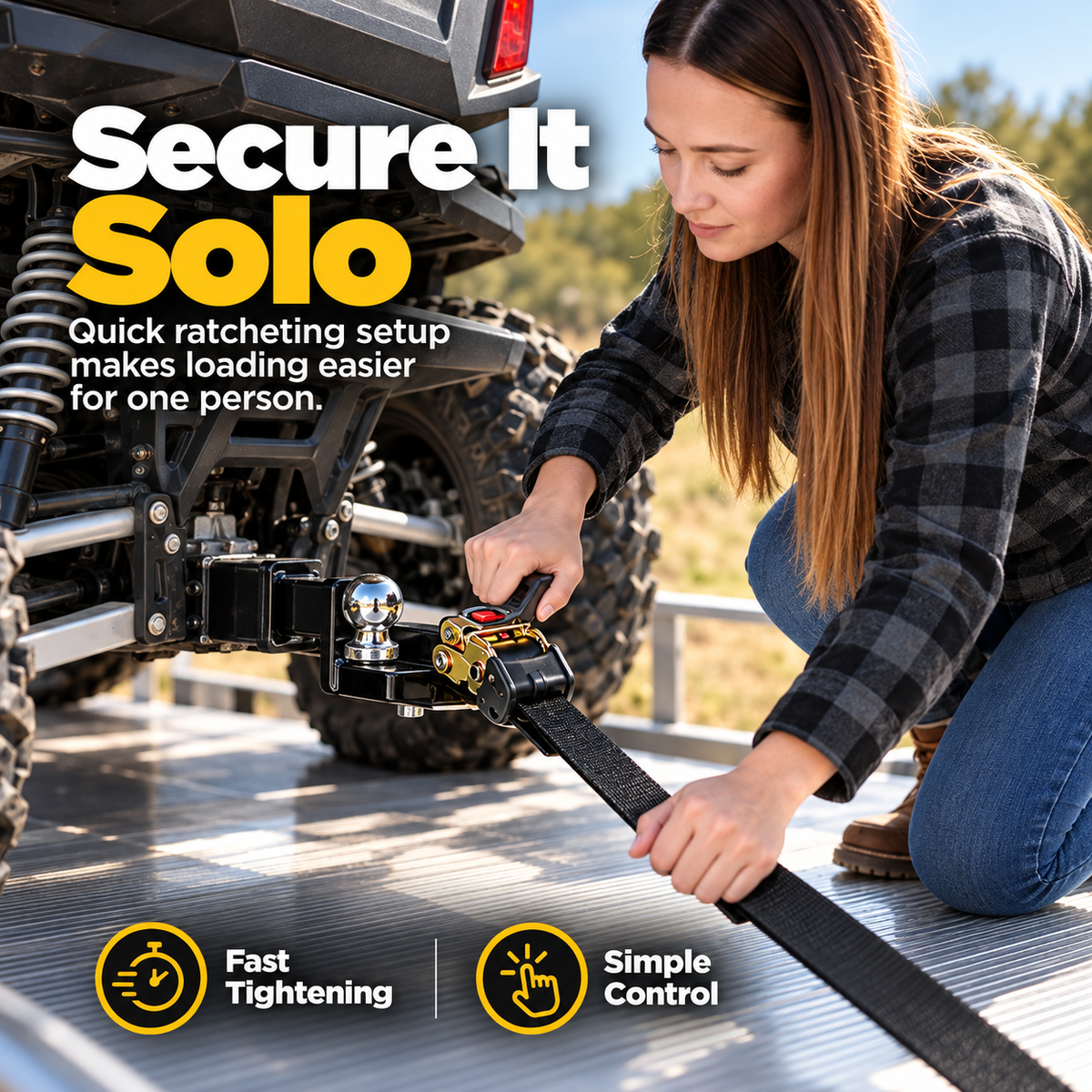 Person adjusting the tie-down strap on the trailer