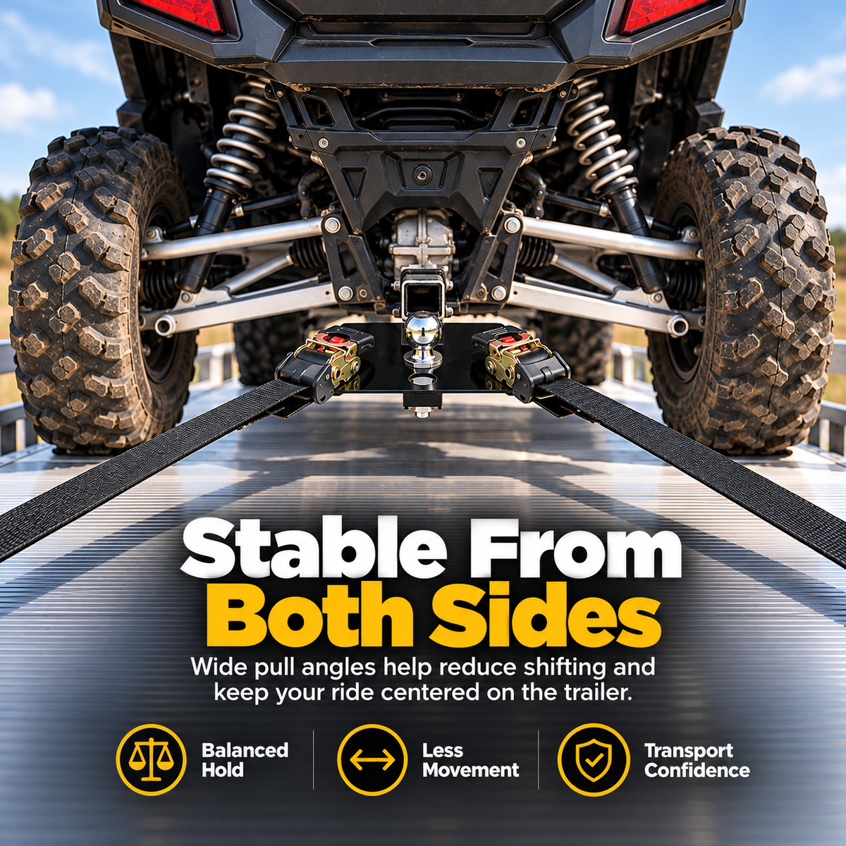 Dual rear tie-down strap arrangement on UTV trailer