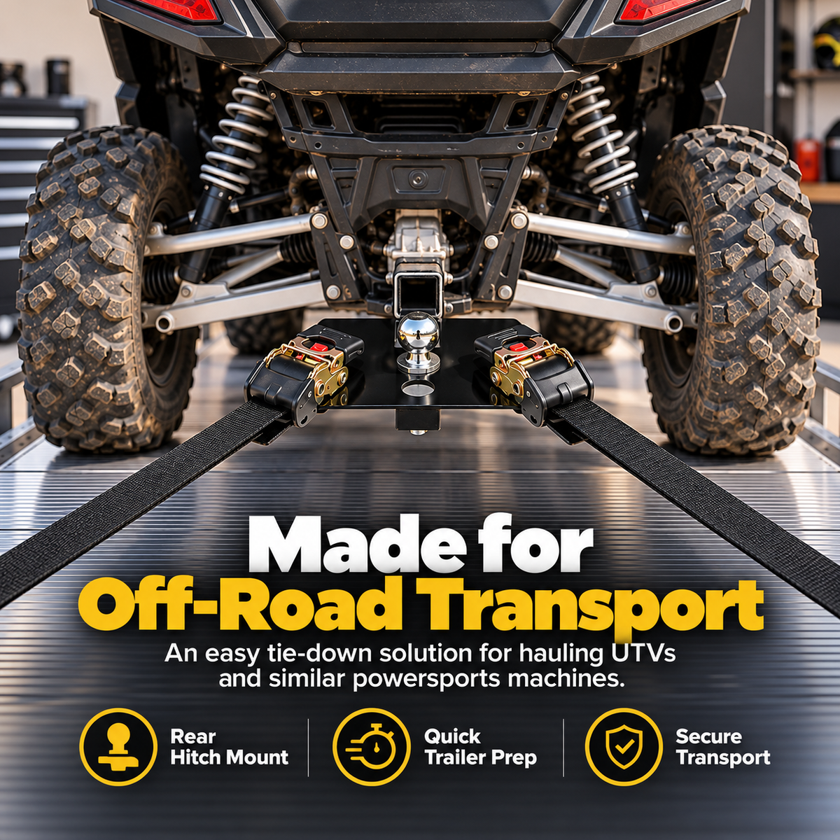 UTV rear receiver tie-down system on trailer