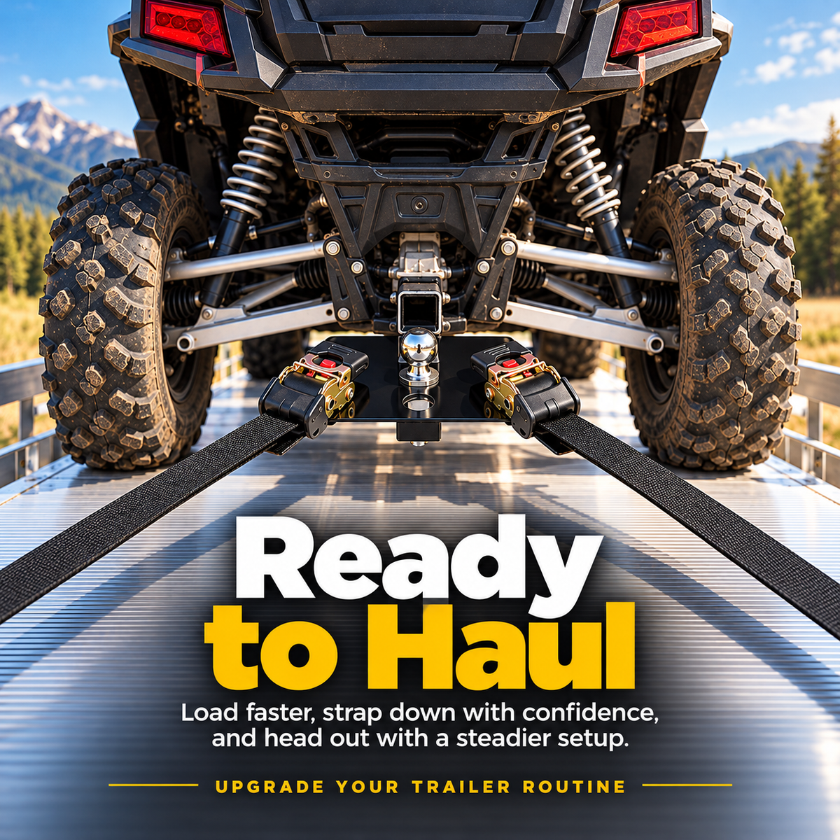UTV tie-down system shown in ready-to-haul trailer configuration
