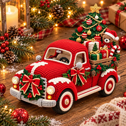 Decorative yarn-crafted vintage Christmas truck project with festive details