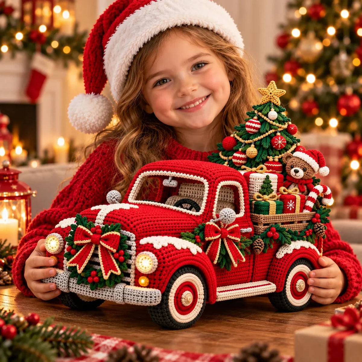 Amigurumi-style Christmas red truck project and handmade holiday styling