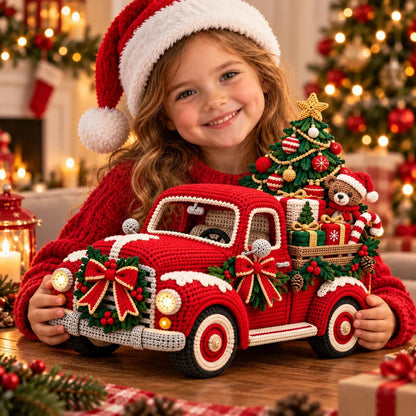 Amigurumi-style Christmas red truck project and handmade holiday styling