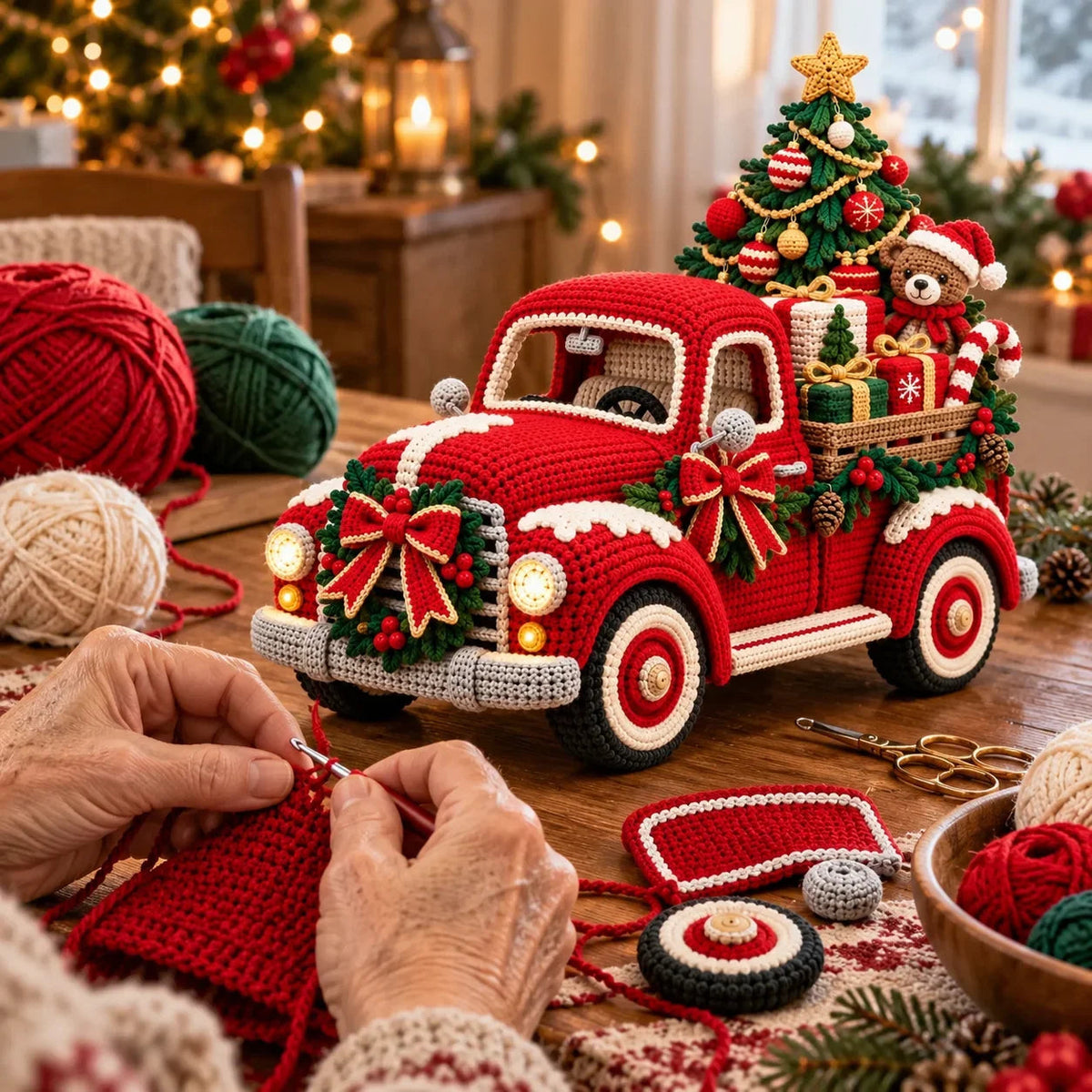 Crochet Christmas truck design showing seasonal decorative features
