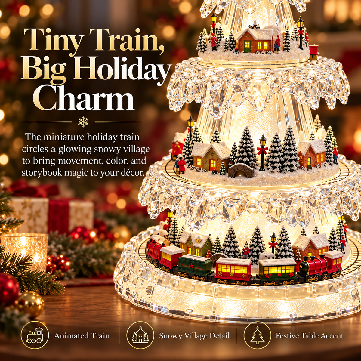 Animated miniature Christmas train circling snowy village
