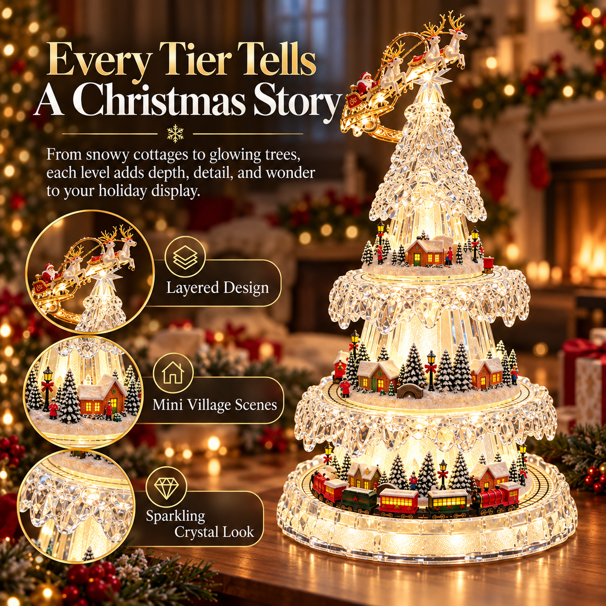 Multi-tier crystal-look Christmas tree village showing layered snowy scenes