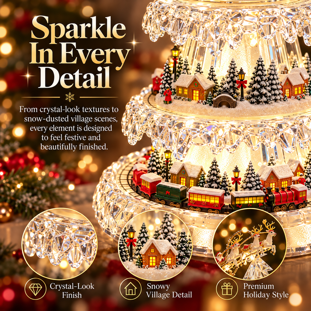 Close-up details of crystal-look Christmas tree village cottages train and Santa sleigh