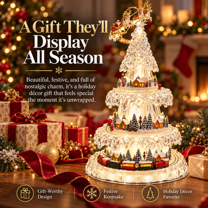 🎄 Lighted Animated Christmas Tree Village – Crystal-Look Holiday Centerpiece with Moving Train & Santa Sleigh ✨