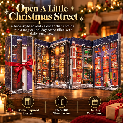 Christmas book-style advent calendar unfolded into a snowy winter street