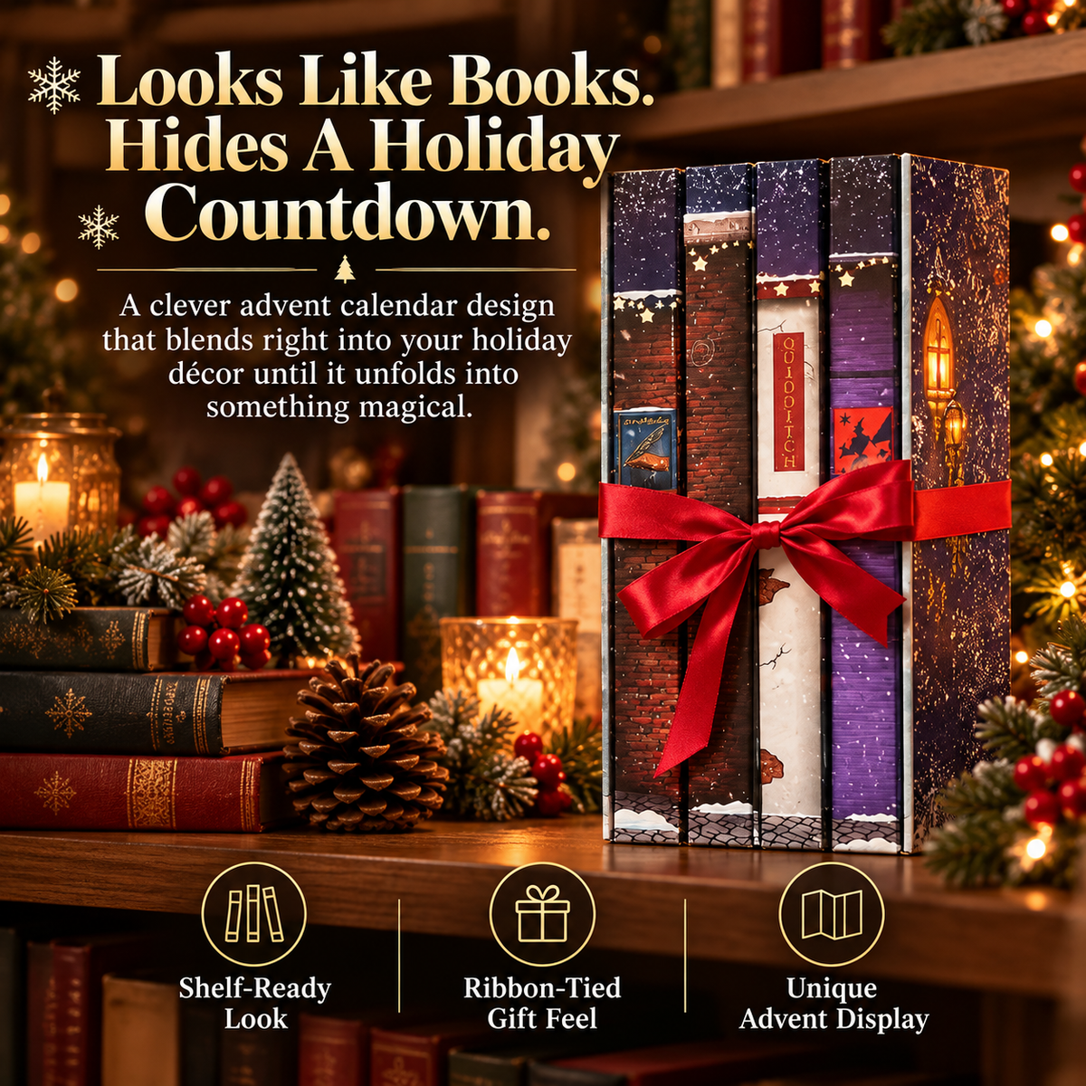 Closed book-style Christmas Advent calendar with illustrated book spines and a red ribbon bow