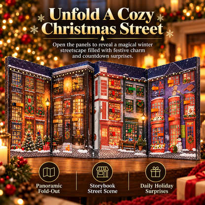 Open panoramic Christmas advent calendar showing a snowy winter street
