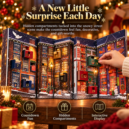 Christmas advent calendar with numbered compartments in the illustrated storefronts