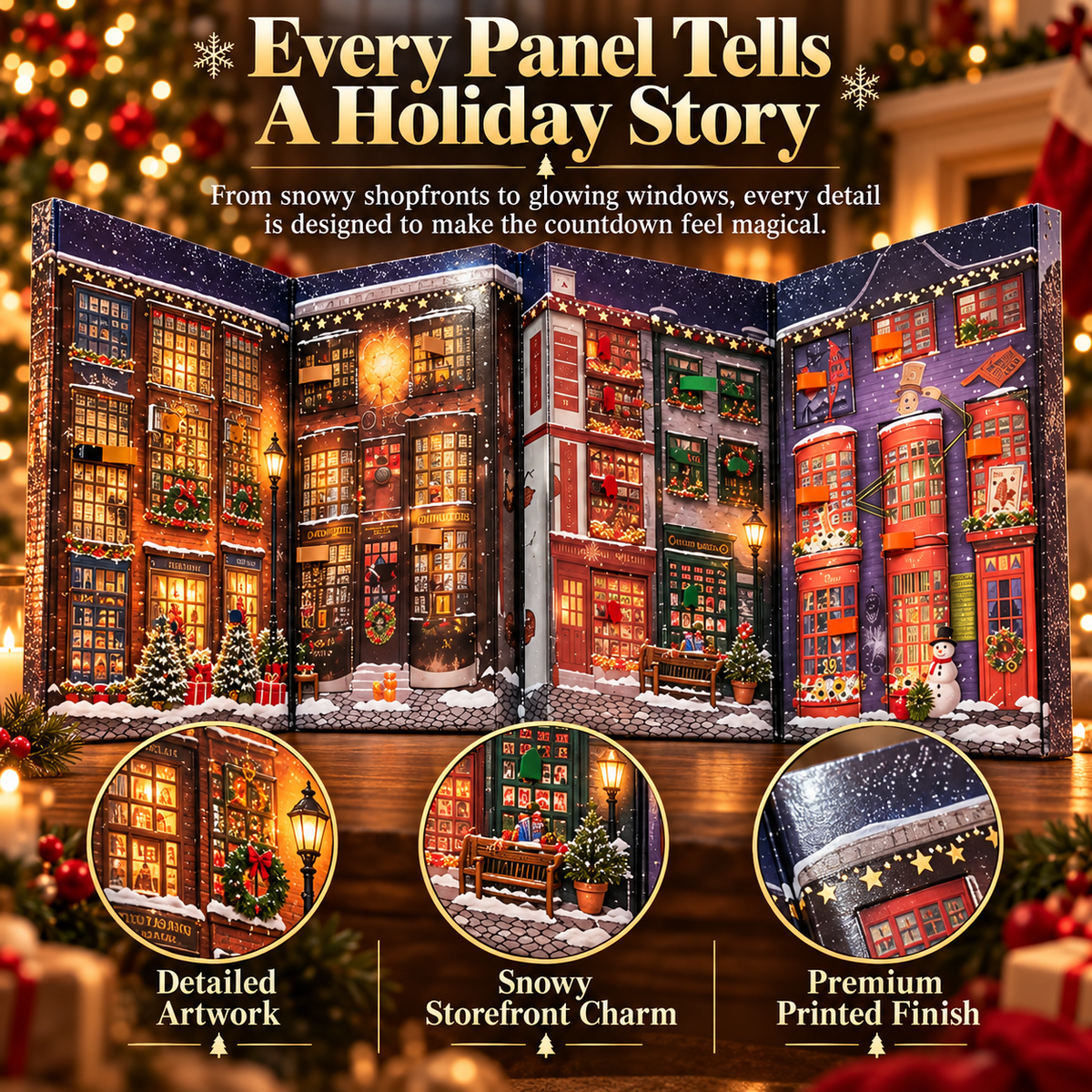Detailed view of illustrated Christmas village panels showing snowy rooftops, shopfronts, wreaths and holiday windows