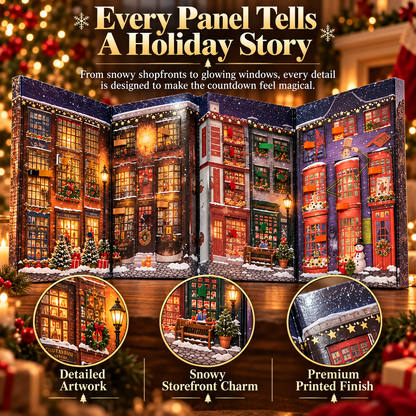 Detailed winter storefront artwork on the Christmas advent calendar