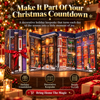Christmas book-style advent calendar displayed as a festive winter street scene
