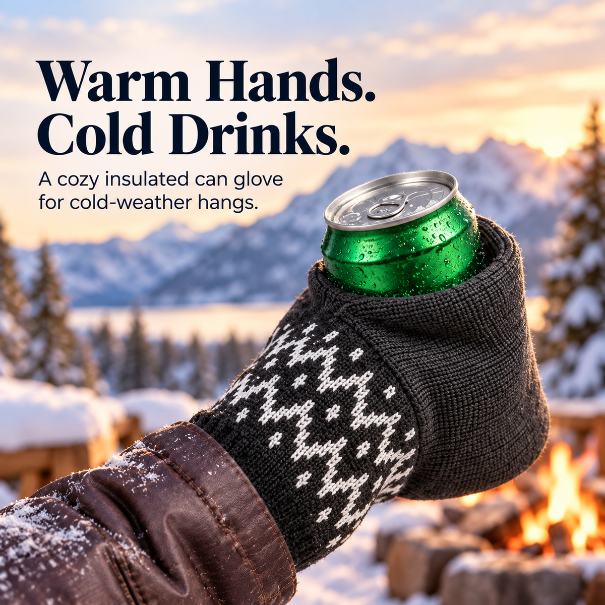 Insulated winter can glove holding a cold beverage outdoors