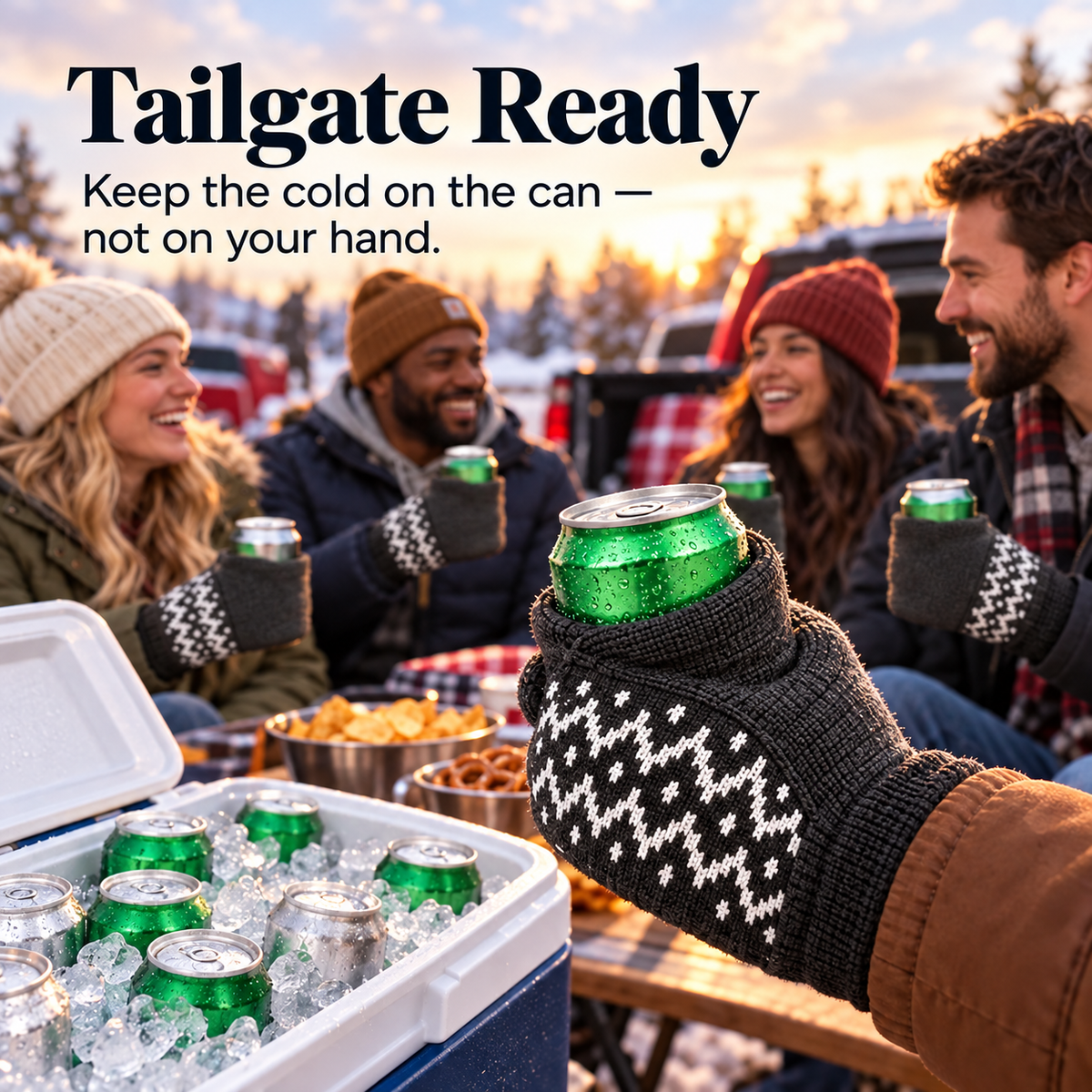 Friends using can gloves at a cold weather tailgate