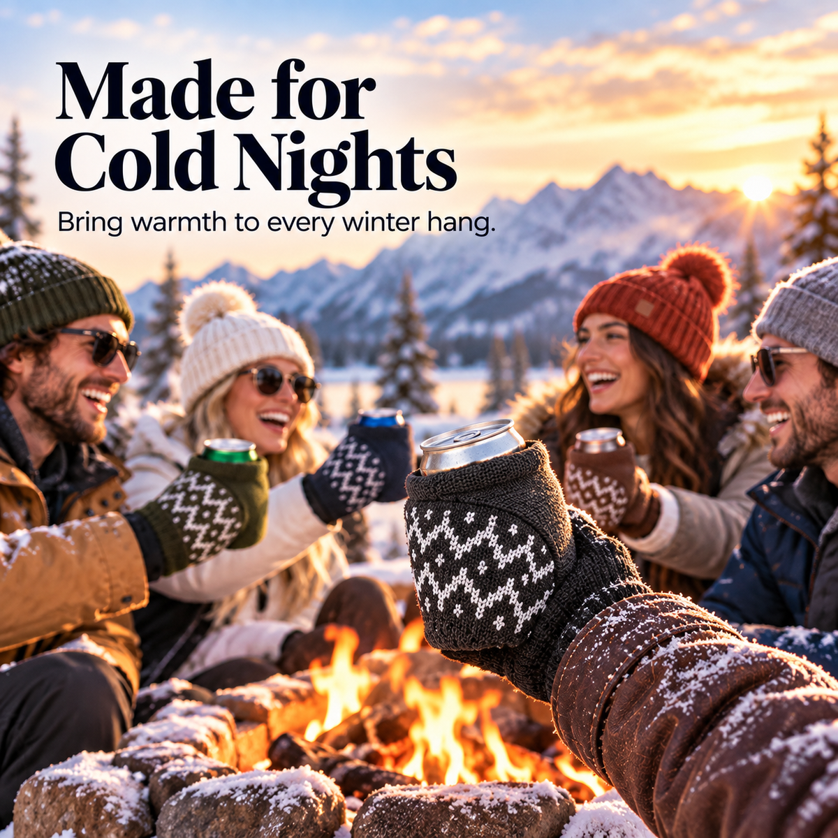 Friends enjoying drinks by a winter campfire