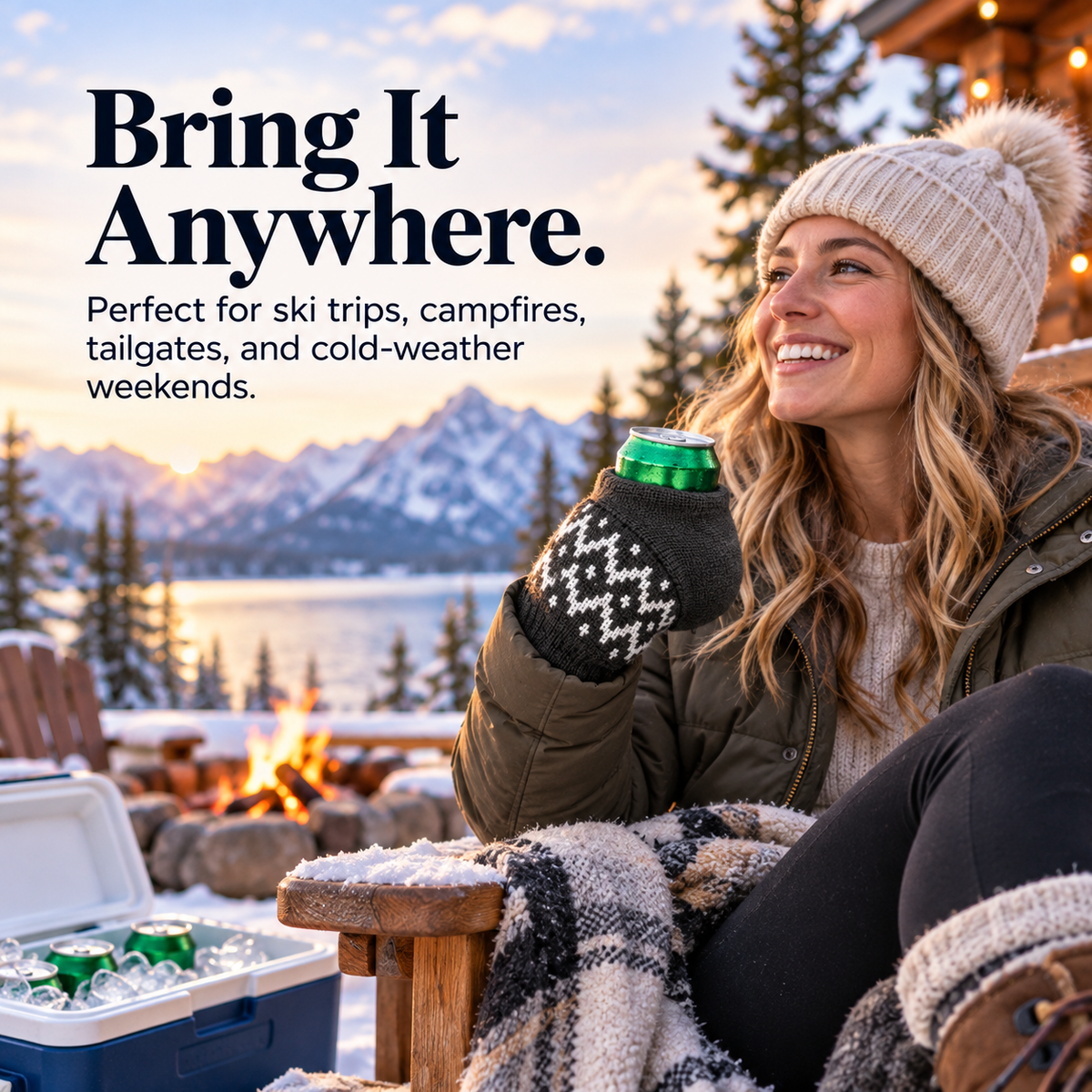 Woman using insulated can glove during a winter trip