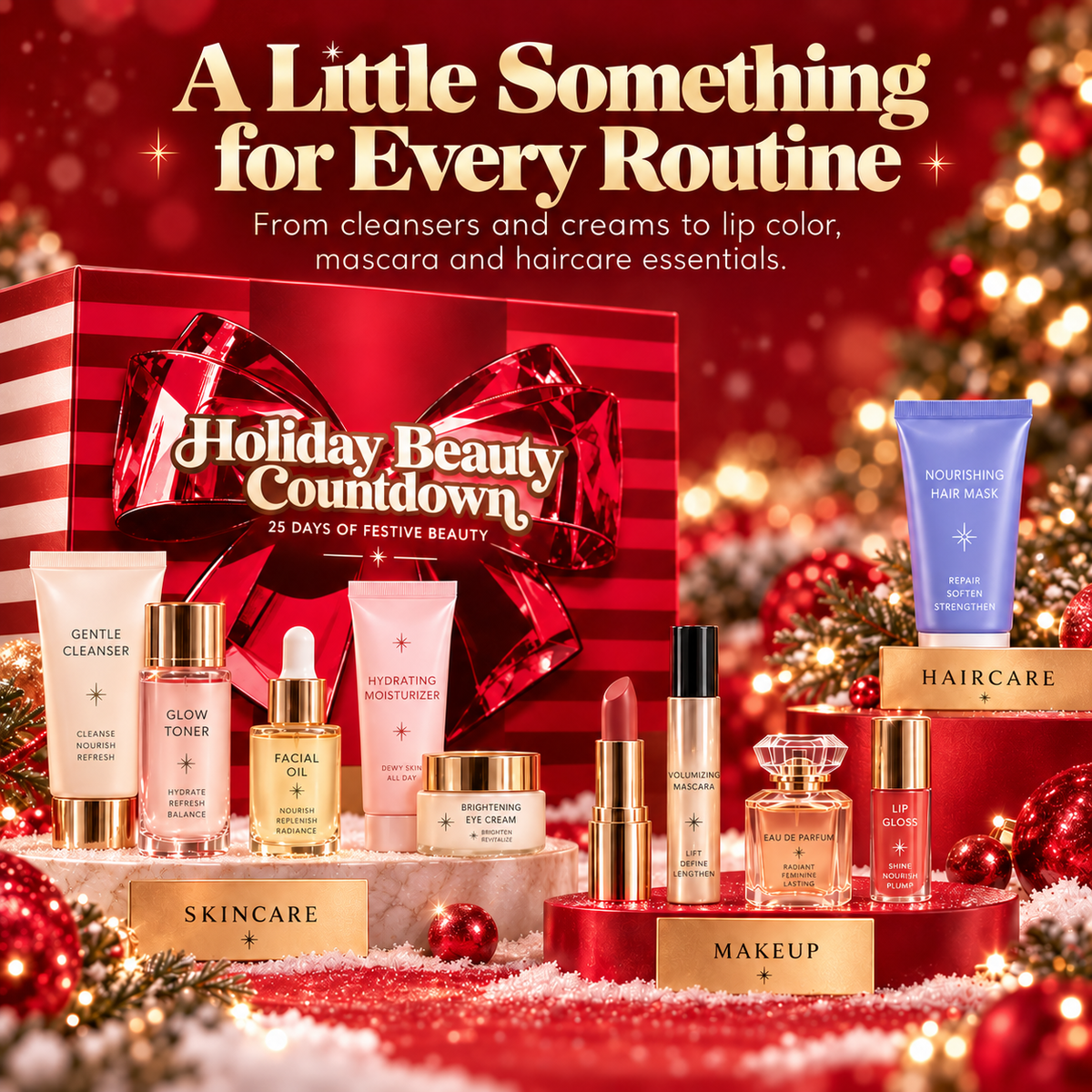 Beauty assortment including skincare haircare makeup and fragrance
