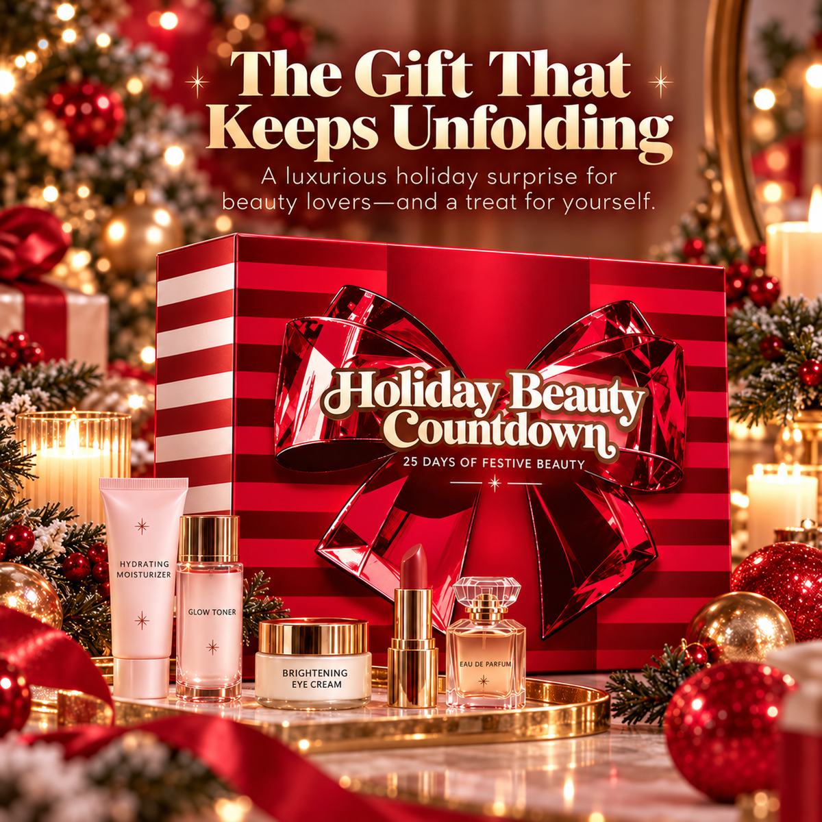 Festive red beauty advent calendar presented as a holiday gift