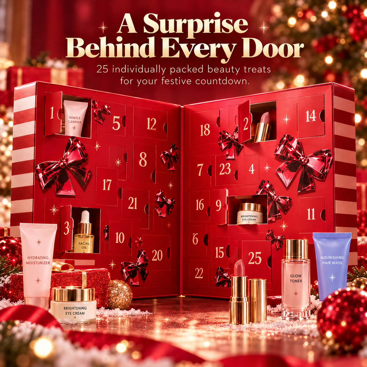 Open beauty advent calendar displaying numbered surprise compartments