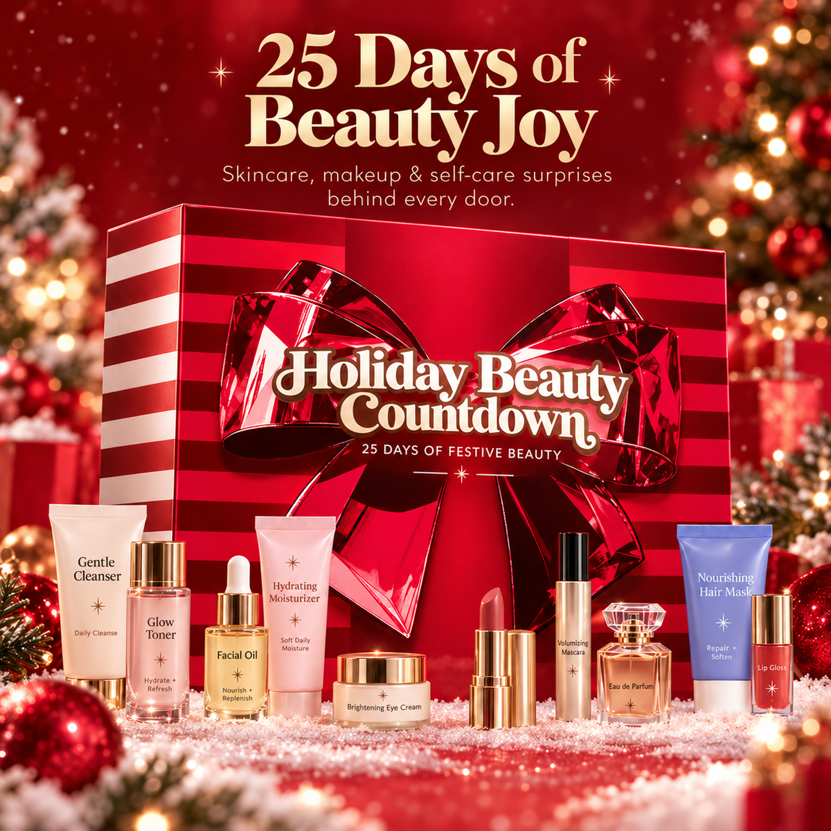 Elegant red holiday beauty countdown gift box with beauty products