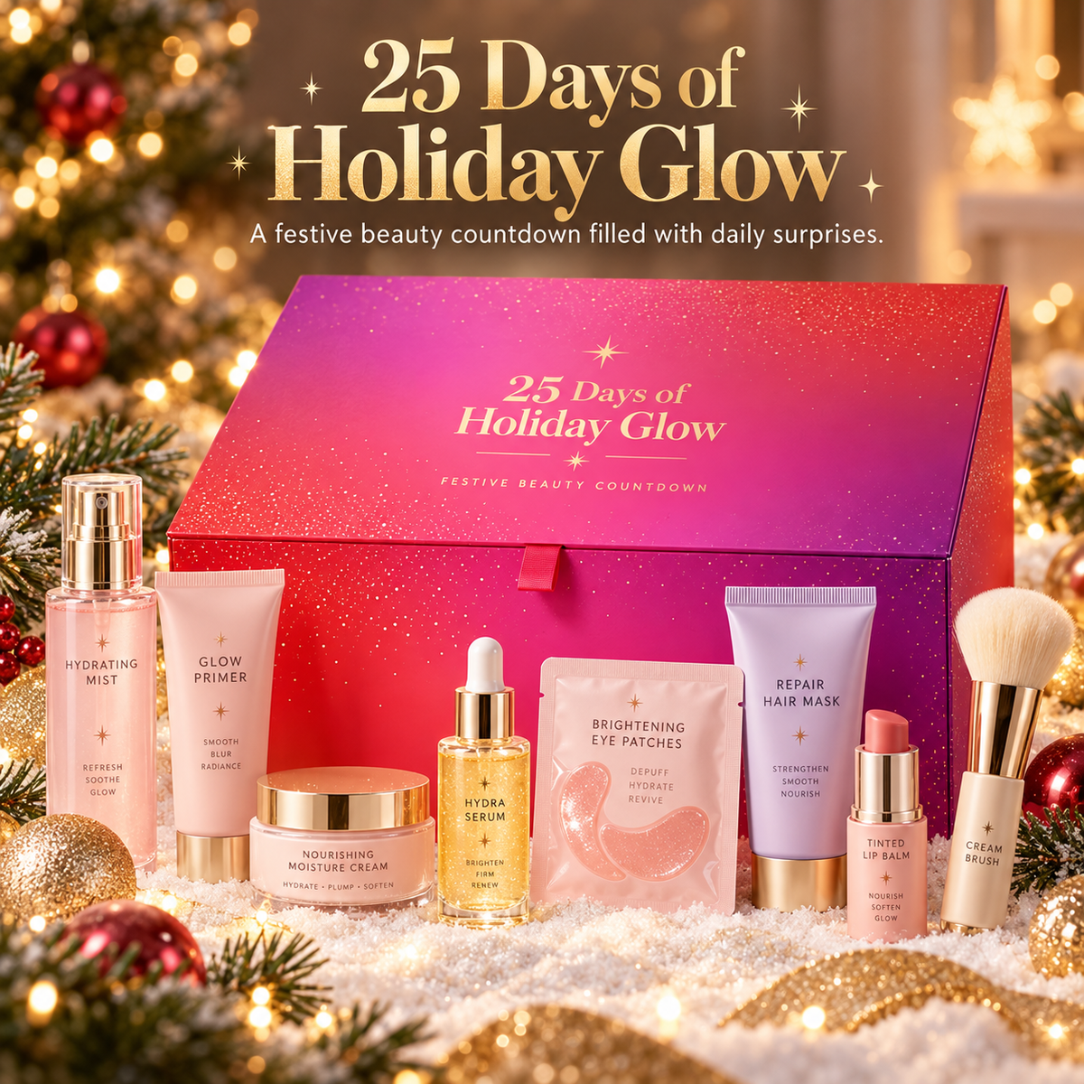 25 Days of Holiday Glow beauty advent calendar with beauty products