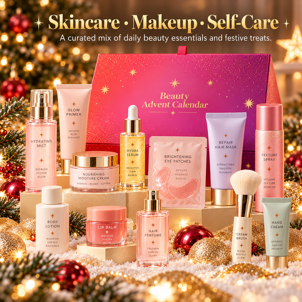 Assorted skincare makeup and self-care products
