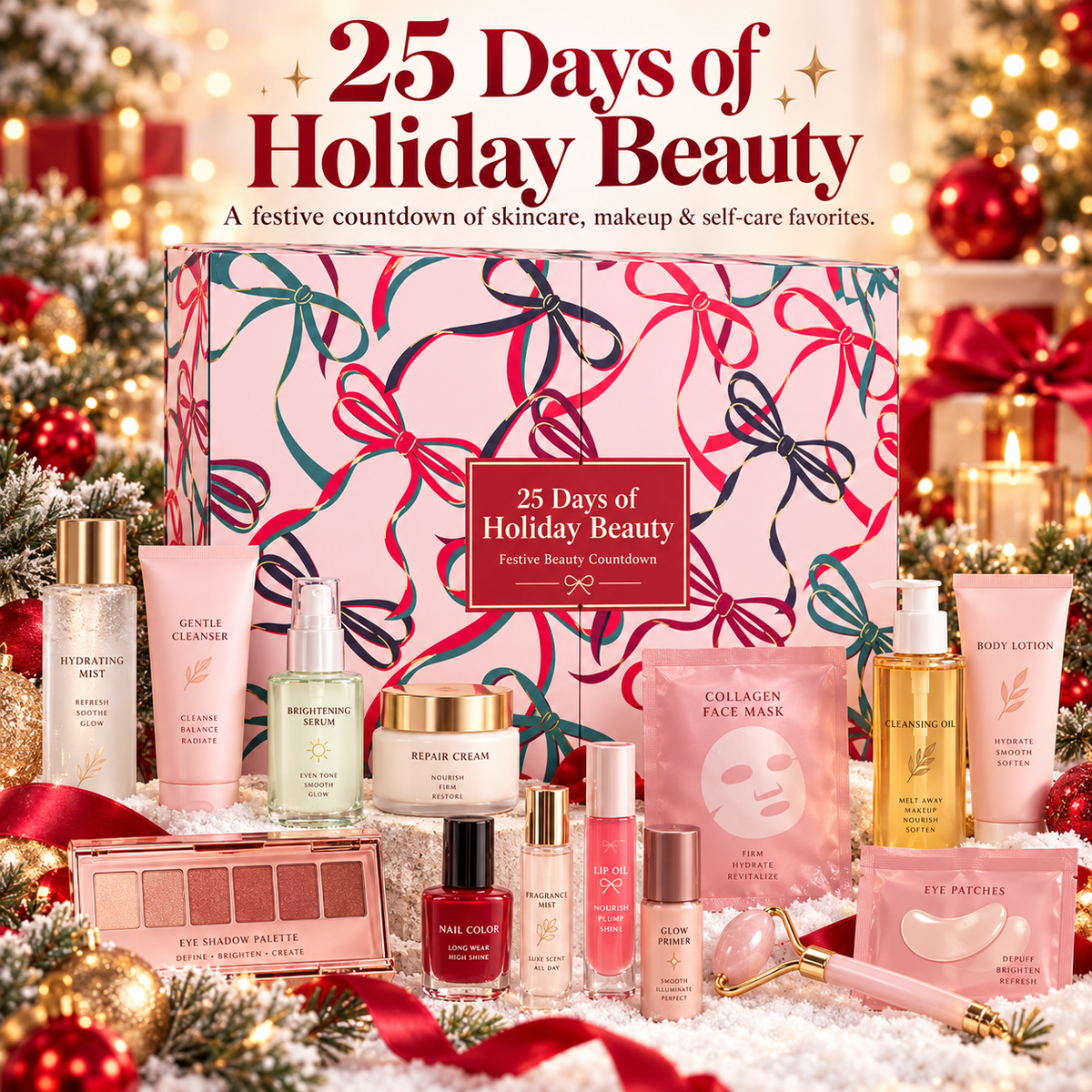 Festive 25 Days of Holiday Beauty advent calendar with assorted beauty products