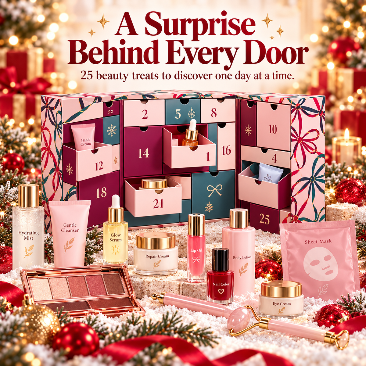 Open beauty advent calendar with numbered compartments and beauty surprises