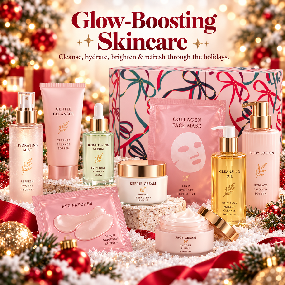 Skincare selection presented with a festive holiday beauty calendar