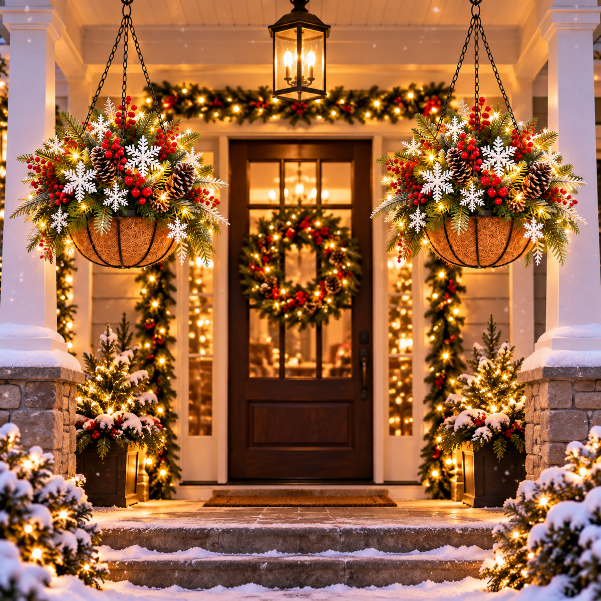 Snowflake Winter Glow Christmas hanging baskets