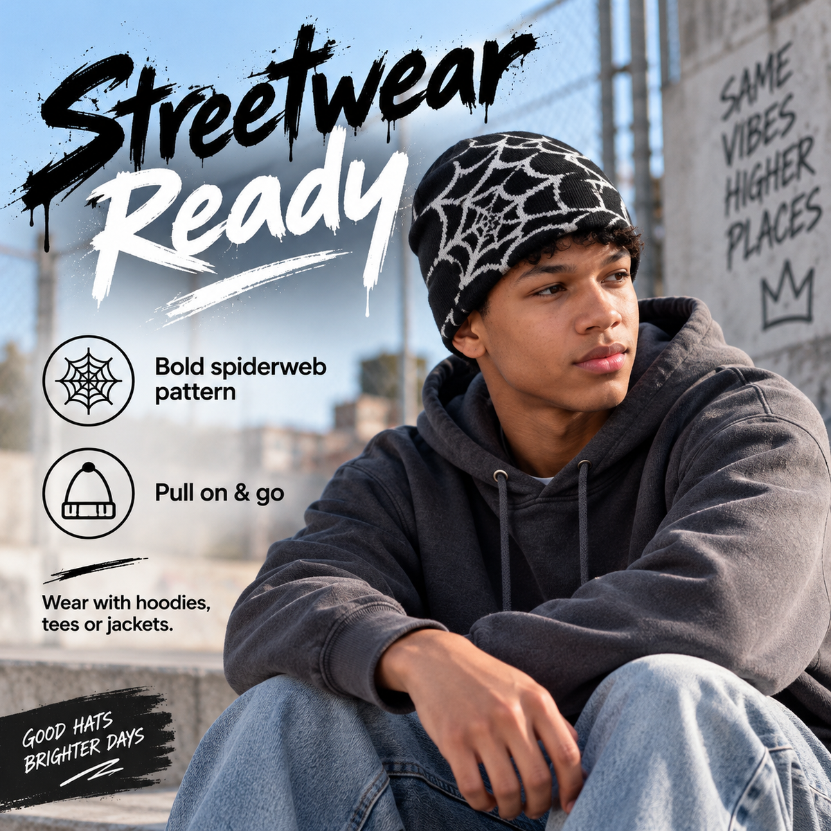 Oversized Spiderweb Knit Beanie – Bold Contrast Streetwear Winter Hat