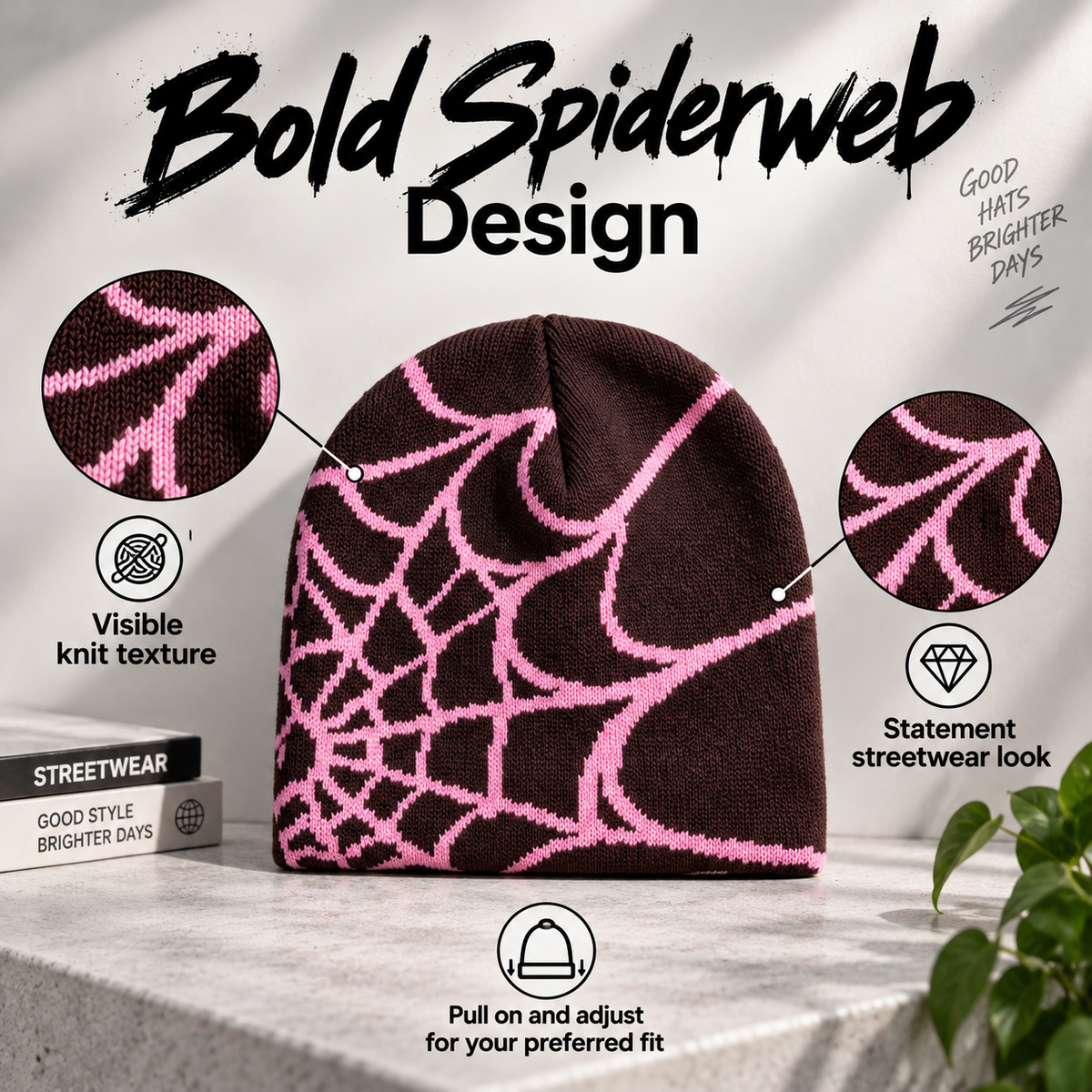 Oversized Spiderweb Knit Beanie – Bold Contrast Streetwear Winter Hat