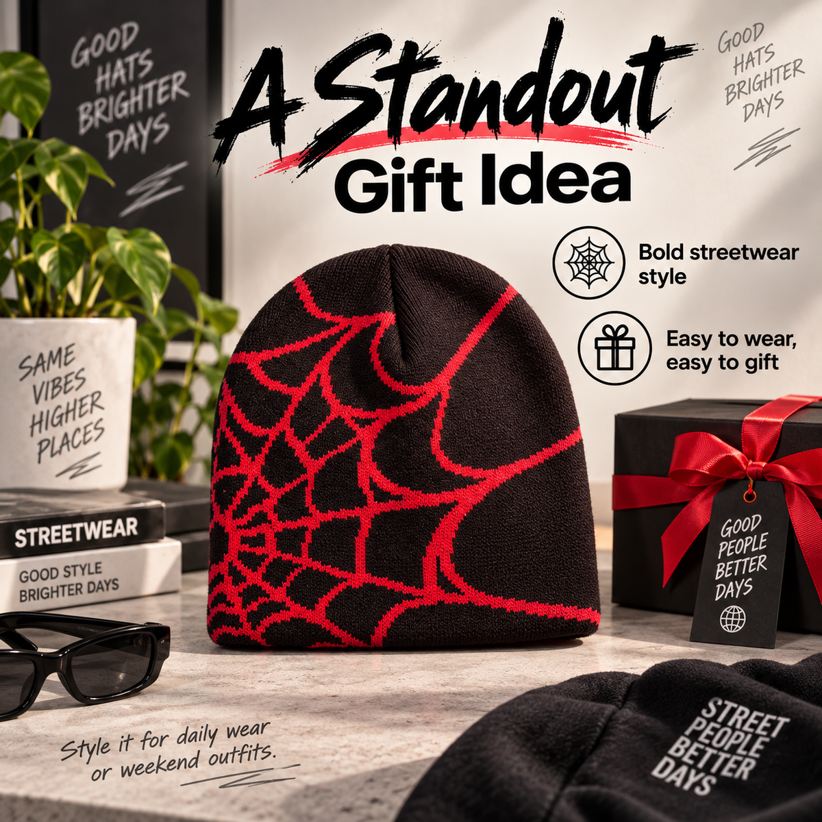 Oversized Spiderweb Knit Beanie – Bold Contrast Streetwear Winter Hat