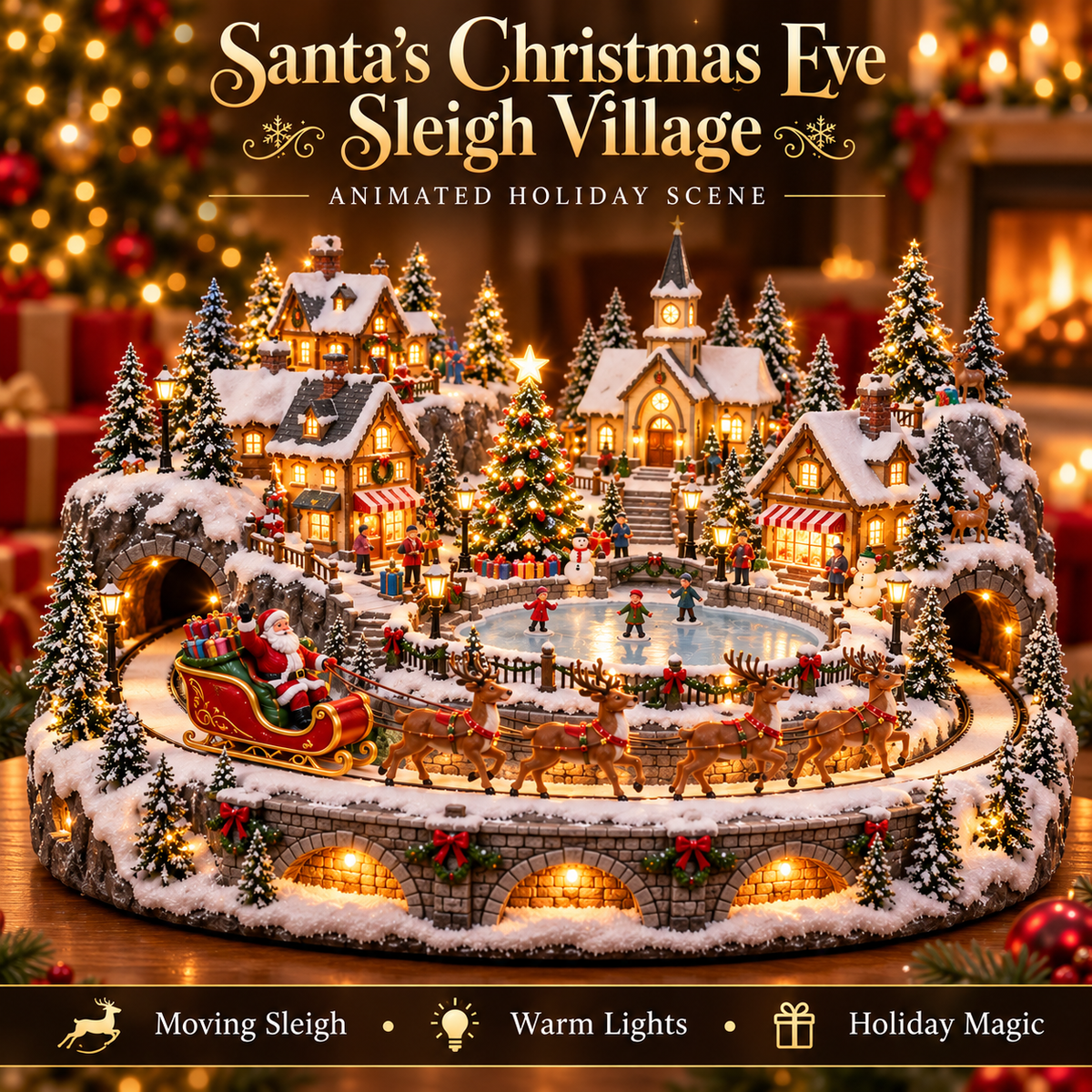 Alternative Santa Sleigh Christmas village with reindeer, Santa's sleigh, illuminated village buildings and snowy trees