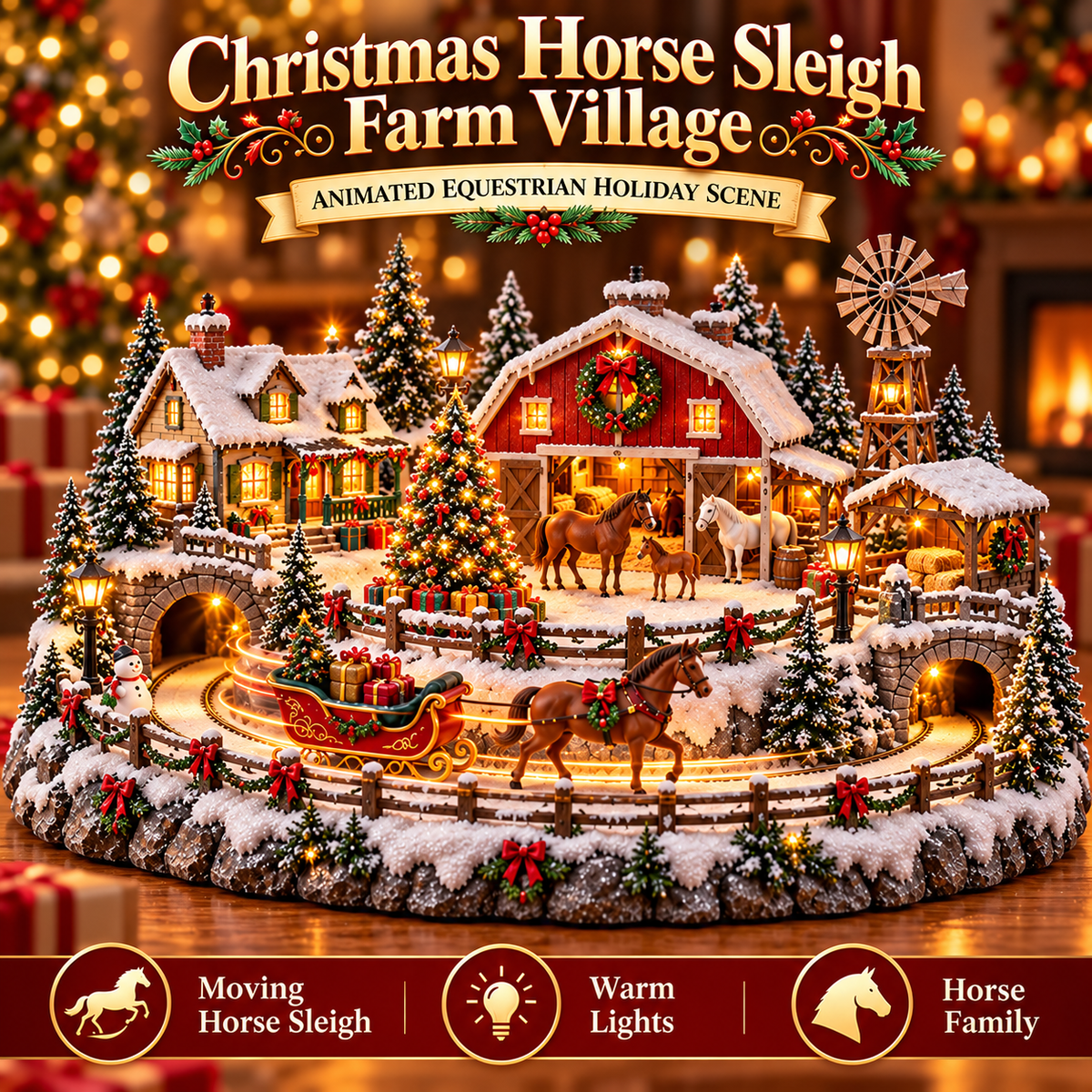 Alternative Horse Sleigh Farm Christmas village with decorated stable, snowy houses, horses and holiday sleigh