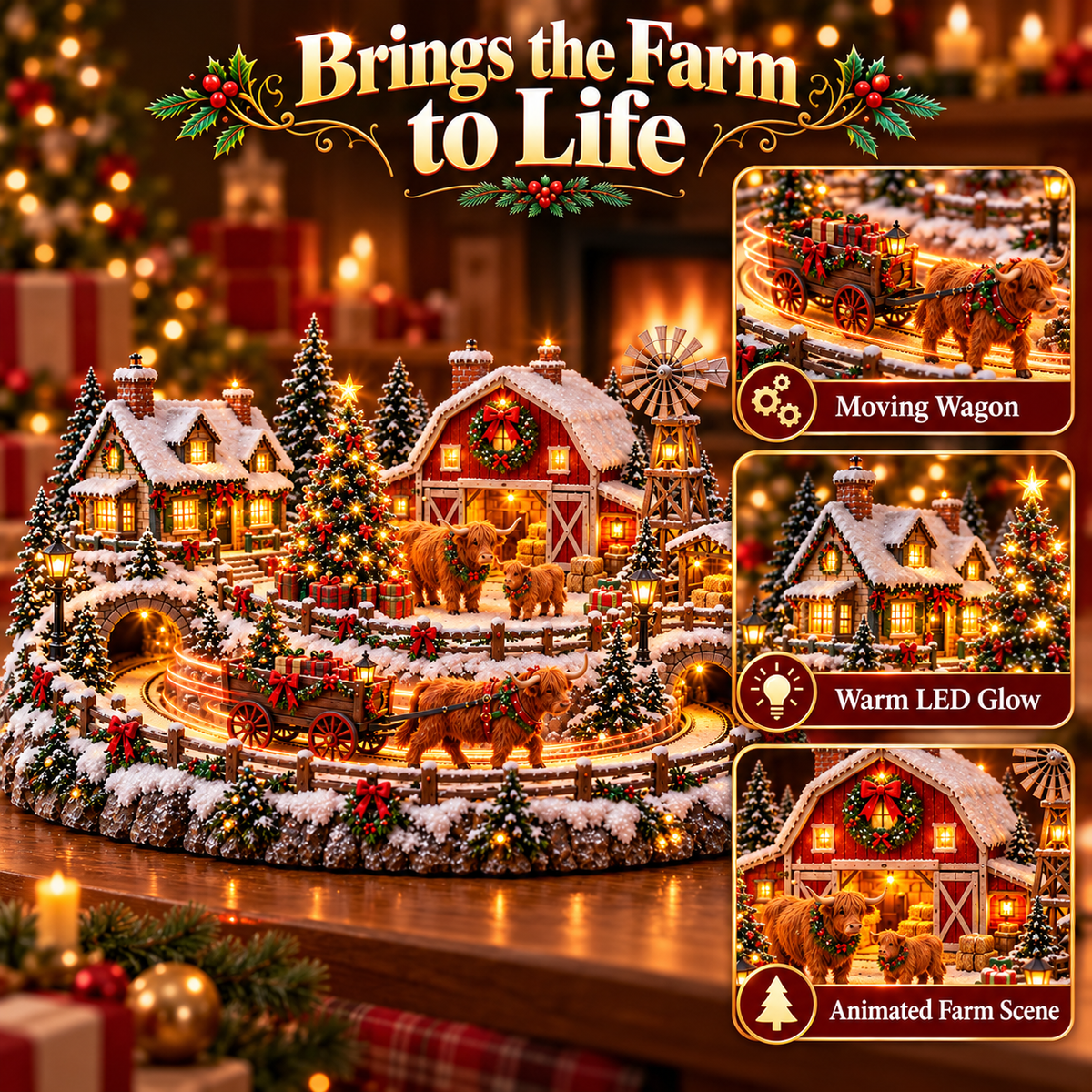 Highland cow Christmas farm scene highlighting the animated wagon, illuminated village houses and holiday decorations