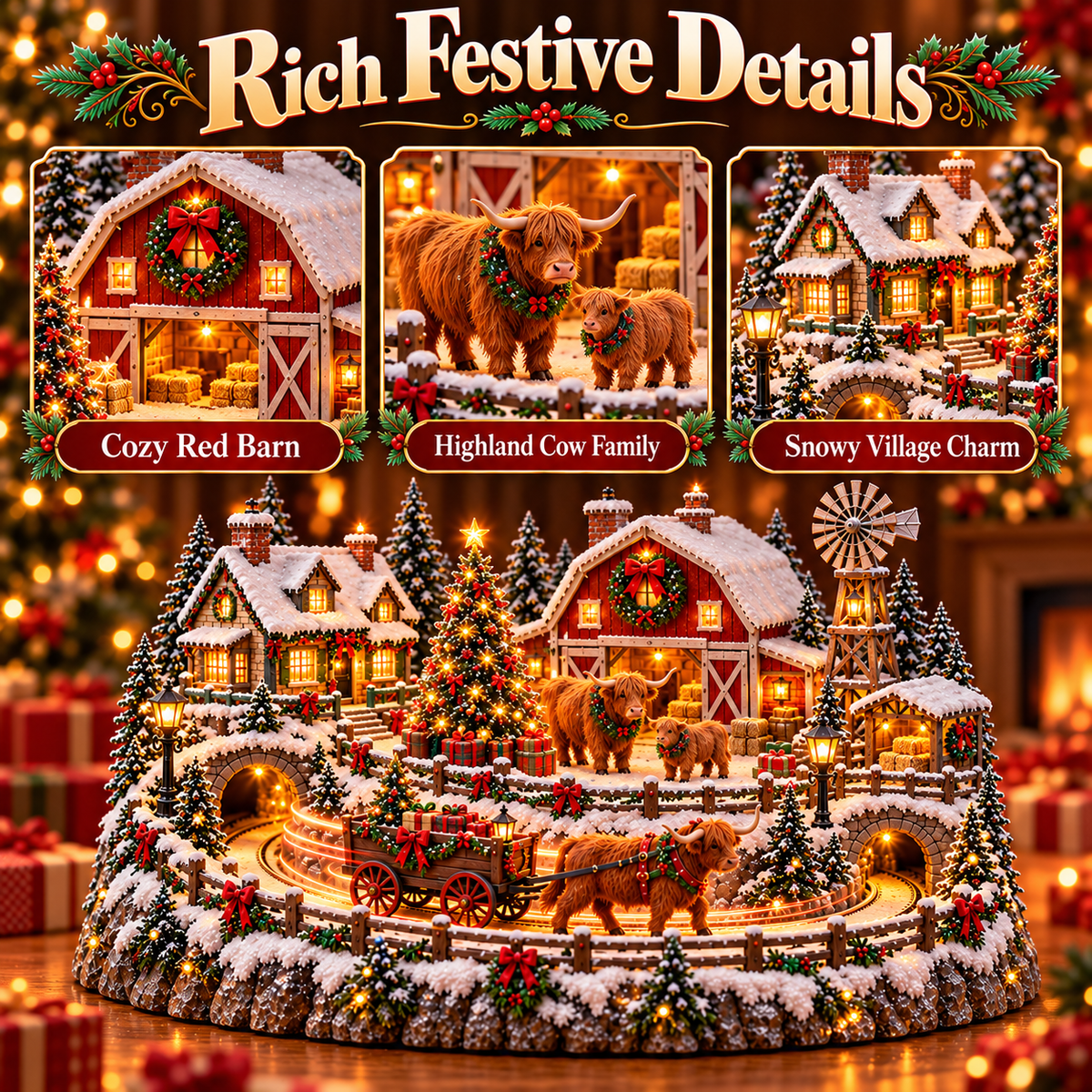 Close-up festive details including red Christmas barn, Highland cow mother and calf, snowy cottages and decorated Christmas trees