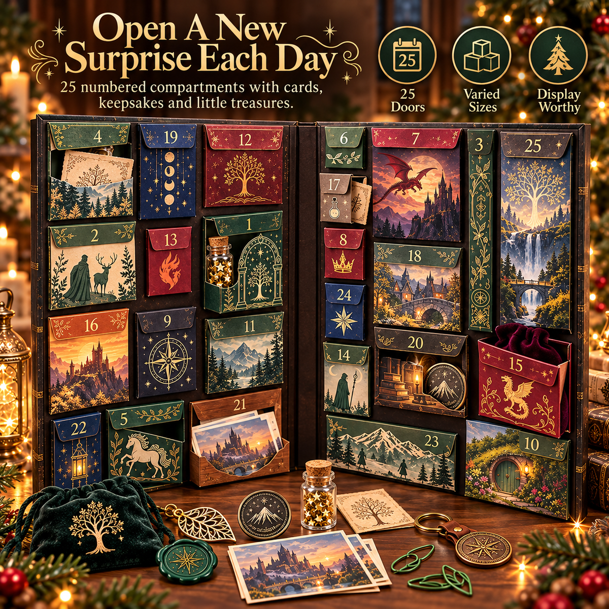 Open fantasy advent calendar showing varied numbered compartments and illustrated keepsakes