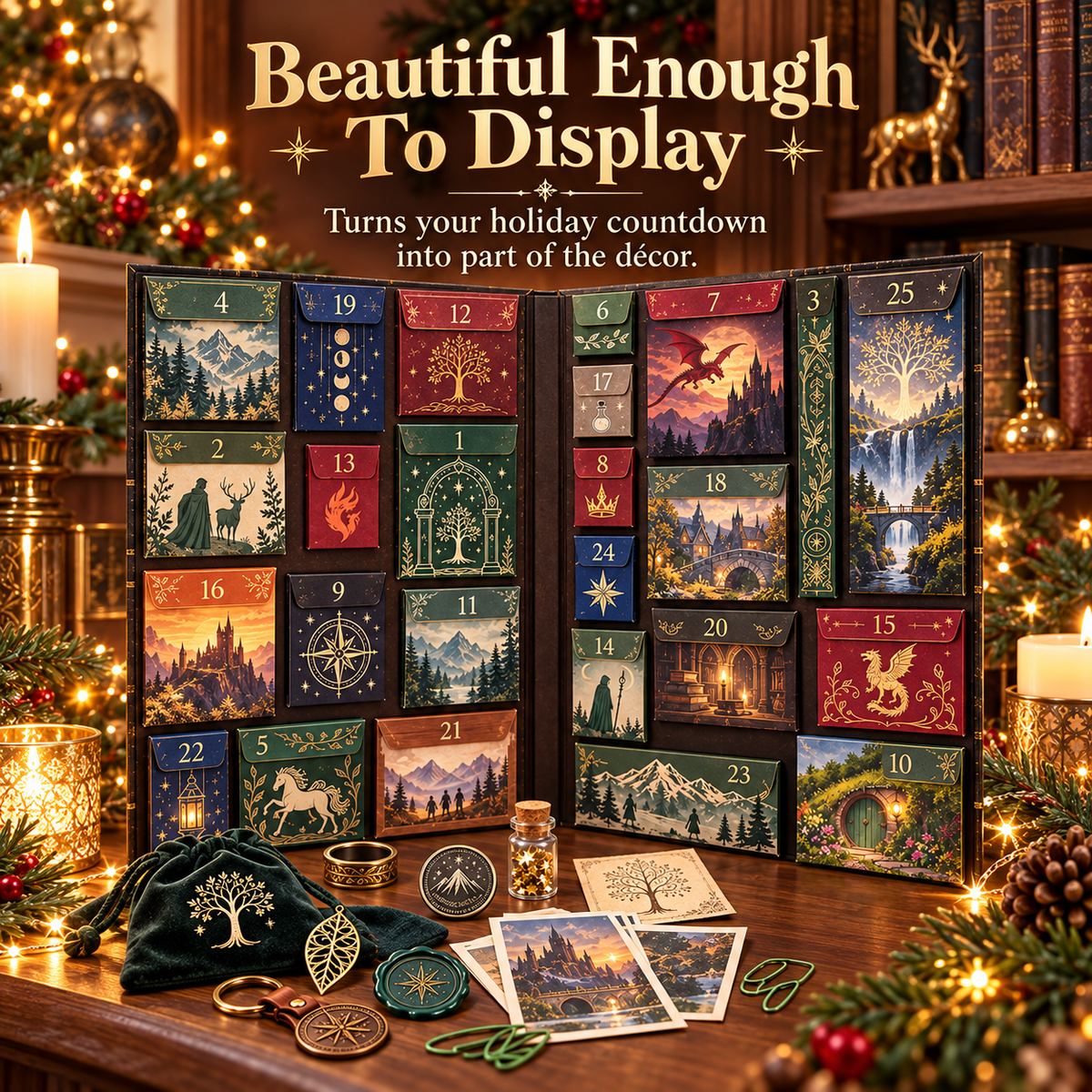 Fantasy advent calendar displayed on a warmly decorated Christmas table