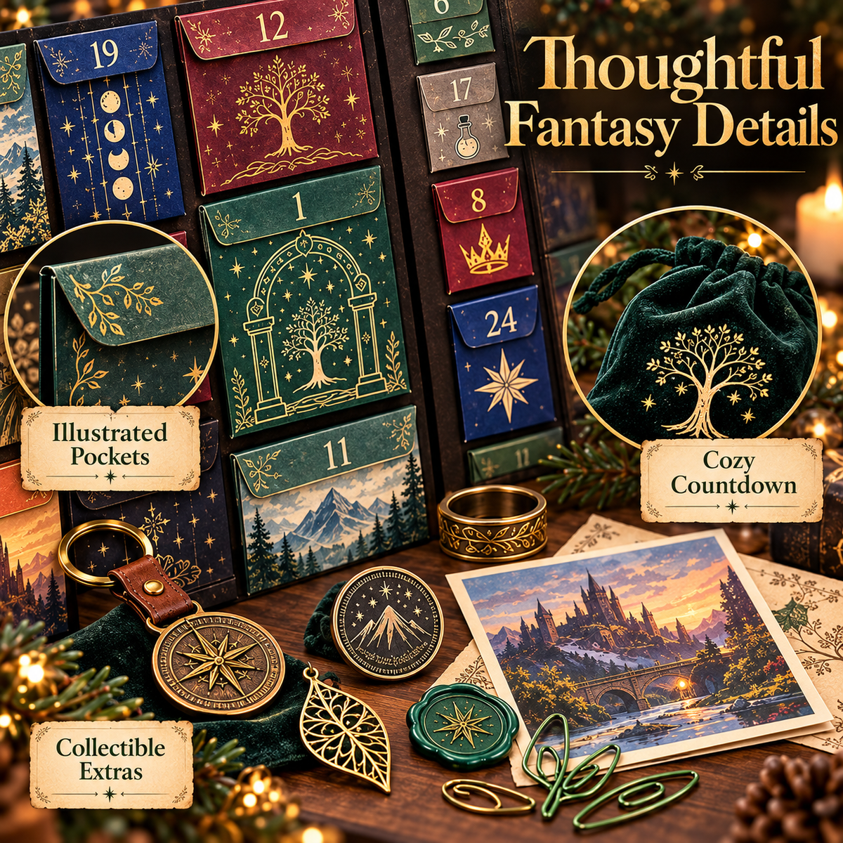 Close-up of fantasy calendar illustrations, decorative compartments and fantasy accessories