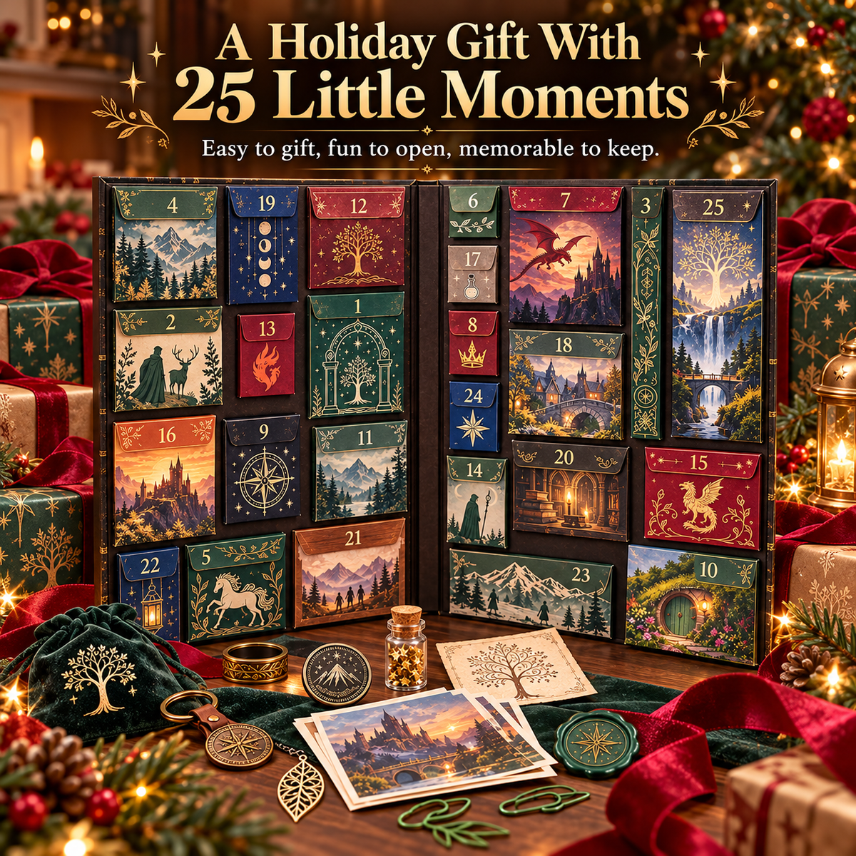 Fantasy advent calendar surrounded by Christmas gift boxes and ribbons