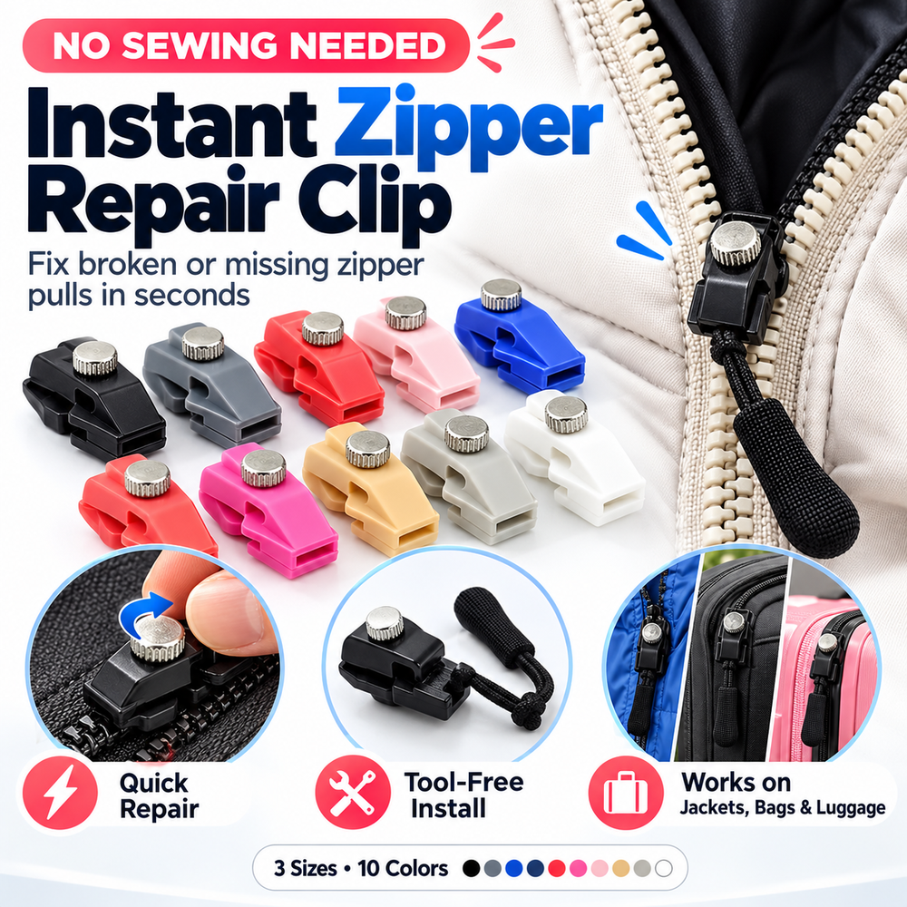 Clip-on zipper pull repair kit in ten colors displayed beside a winter jacket zipper
