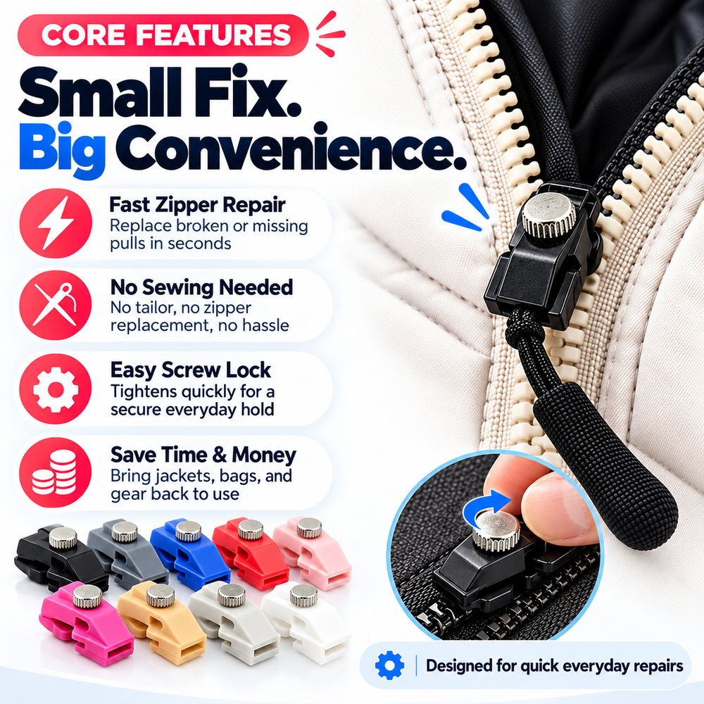 Clip-on zipper repair tool showing screw lock, pull cord and colorful replacement body
