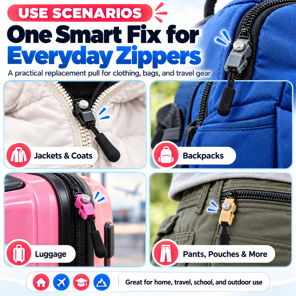 Clip-on zipper pull repair examples on jackets, backpacks, suitcases and pants